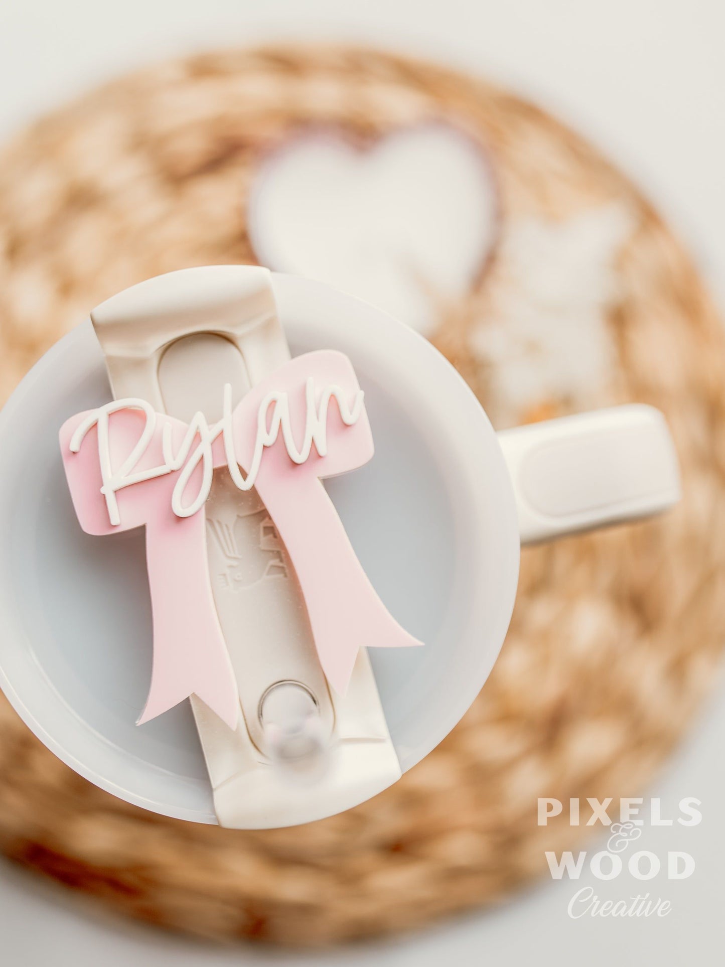 Bow Ribbon Heart Stanley Quencher Acrylic Name Tag