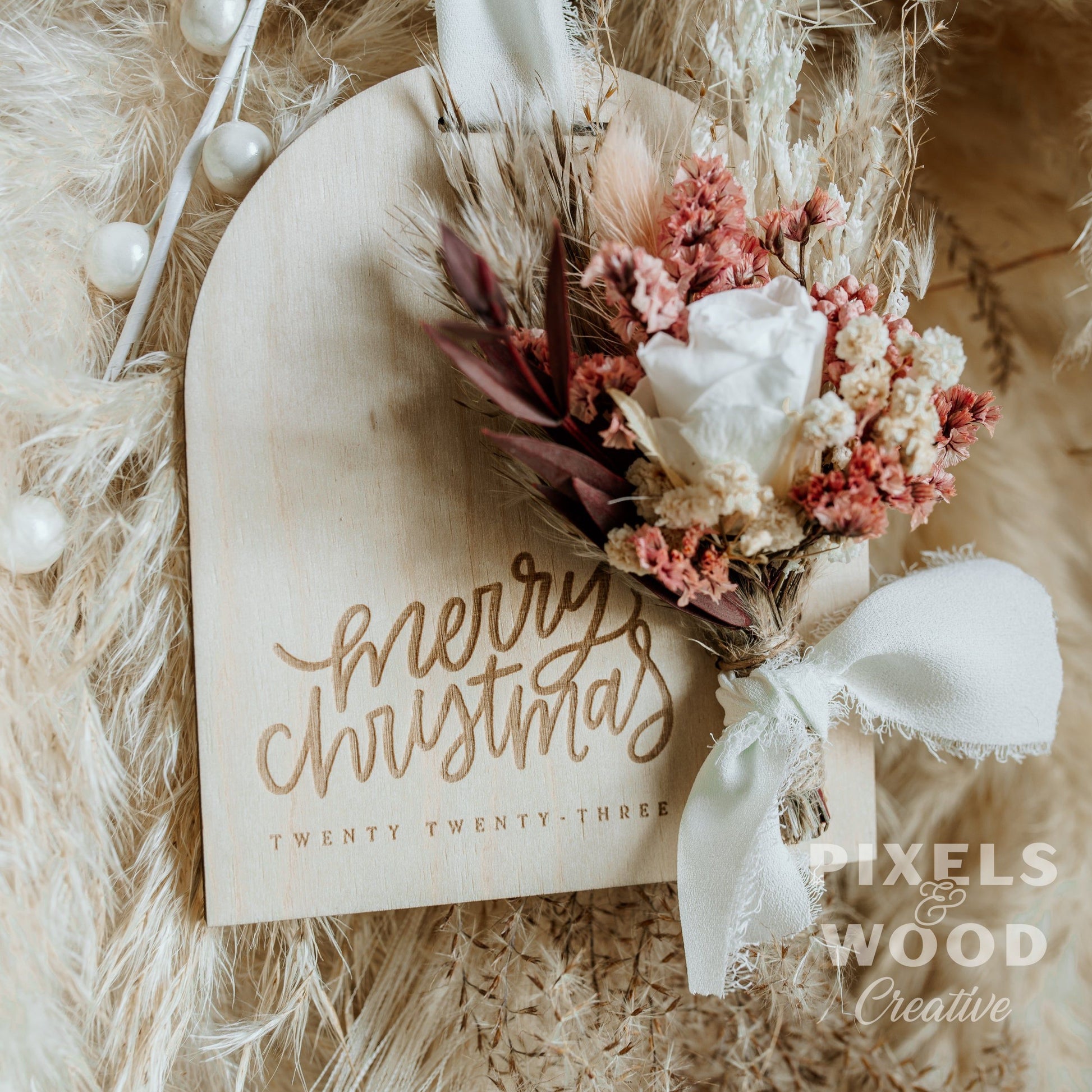 Dried Floral Wood Ornament- First Christmas as Mr and Mrs – Pixels and Wood