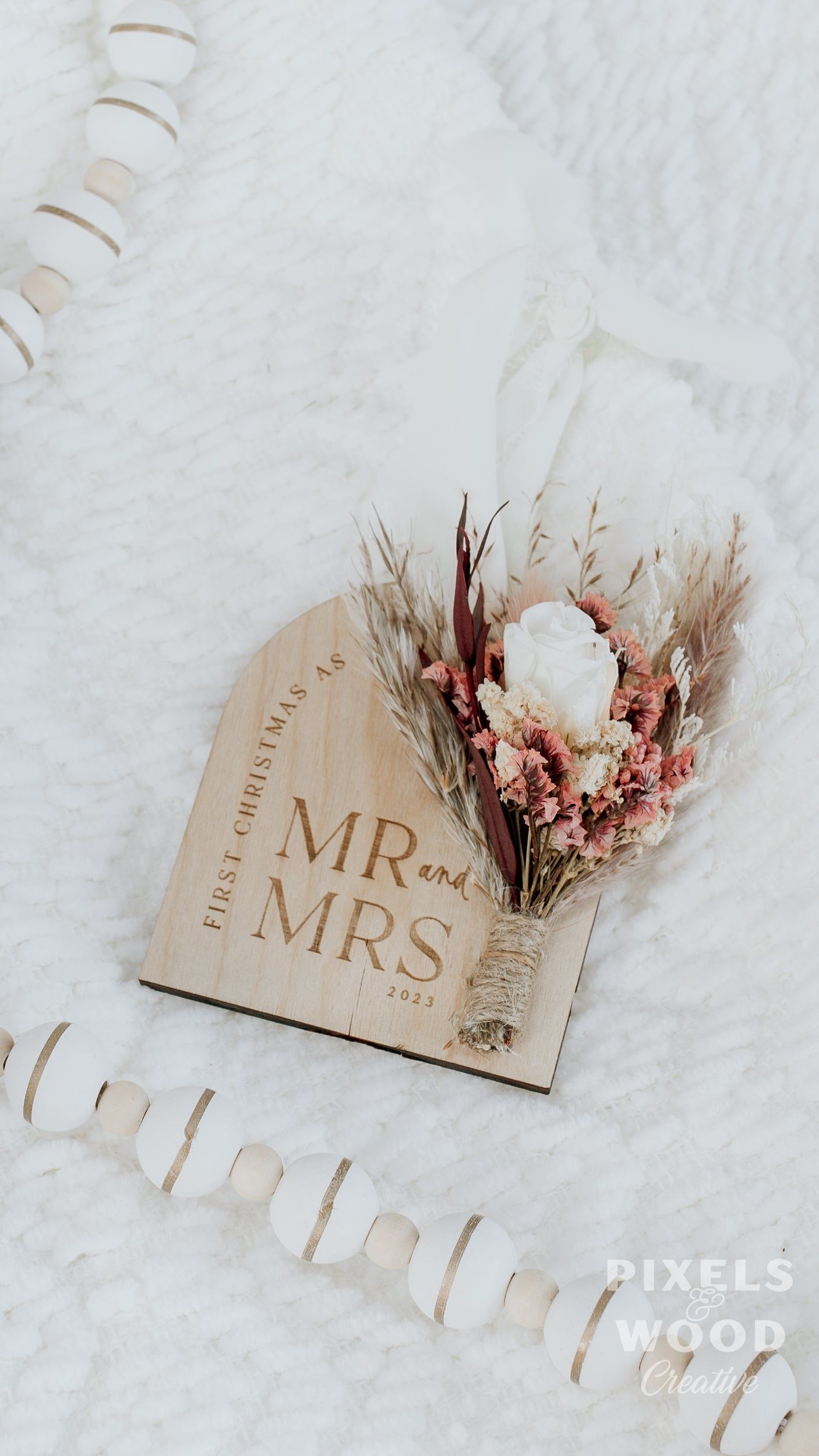 Dried Floral Wood Ornament- First Christmas as Mr and Mrs