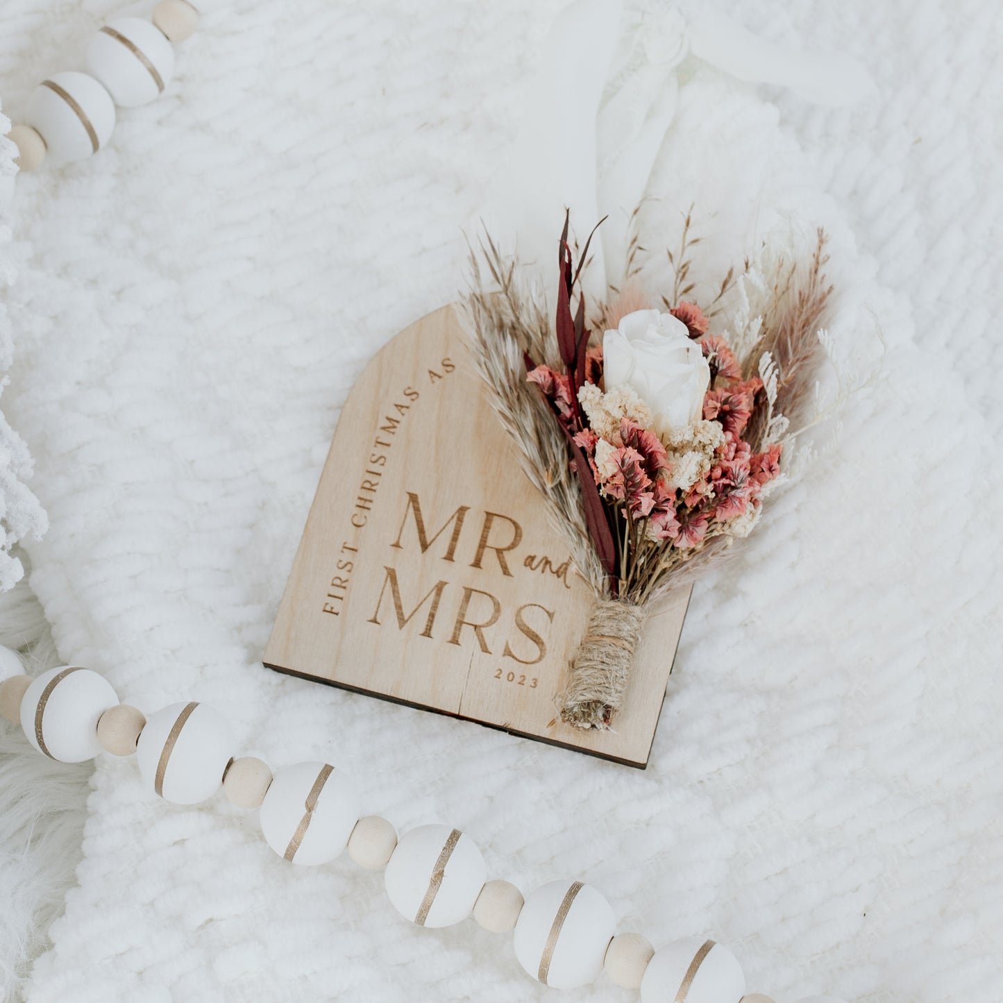 Dried Floral Wood Ornament- First Christmas as Mr and Mrs