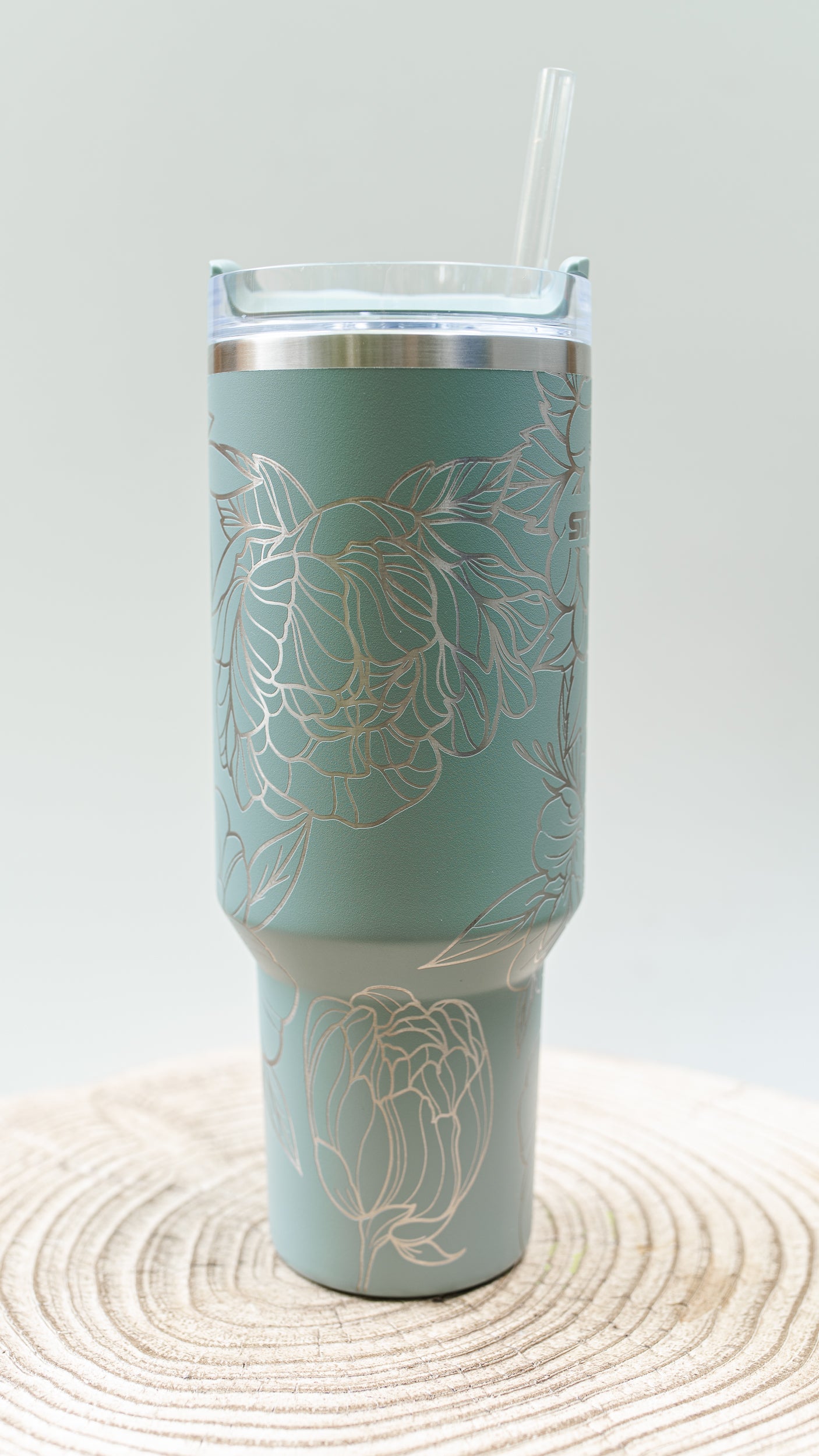 Peony Floral FULL WRAP Engraved 40oz Engraved Stanley Cup Tumbler with Handle