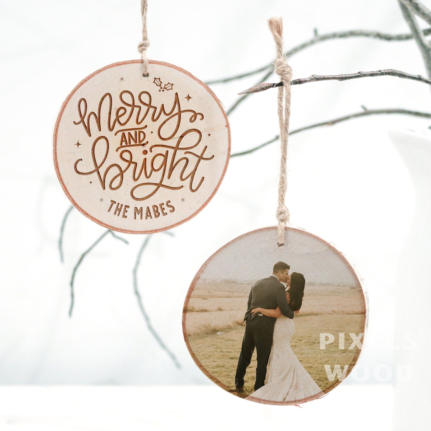 Merry and Bright Personalized Wood Slice Ornament