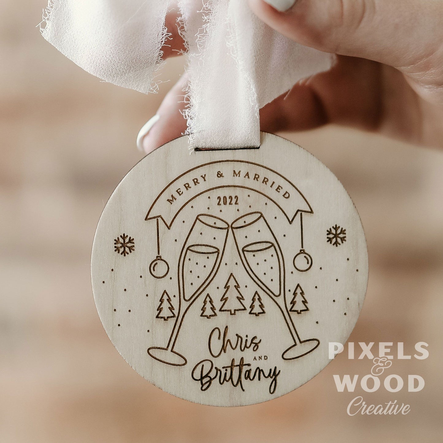 Champagne Glass Merry and Married Ornament with Couple's Names