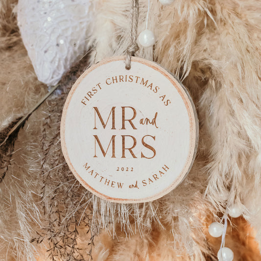 First Christmas as Mr and Mrs Wood Slice Ornament- Bold Font