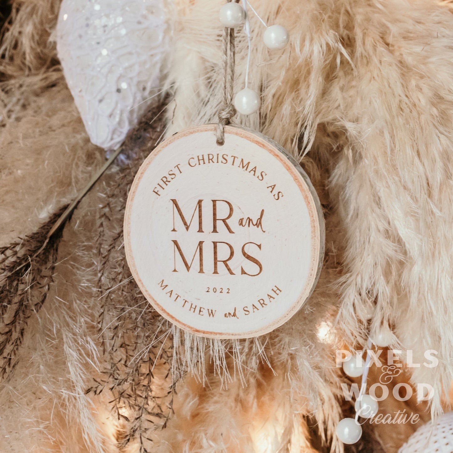 First Christmas as Mr and Mrs Wood Slice Ornament- Bold Font