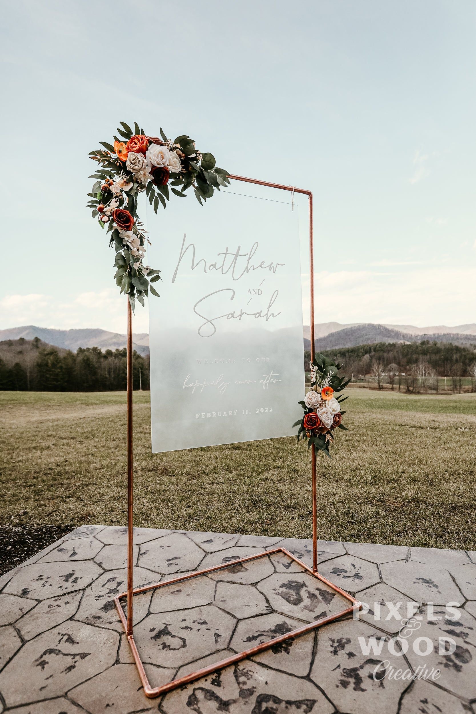Hanging Acrylic Wedding Sign (with or without) Copper Stand – Pixels and  Wood